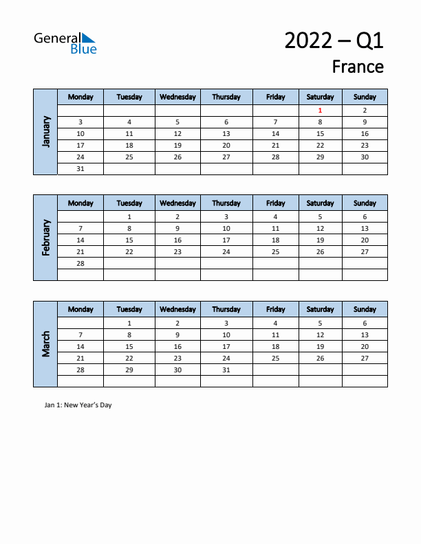 Free Q1 2022 Calendar for France - Monday Start