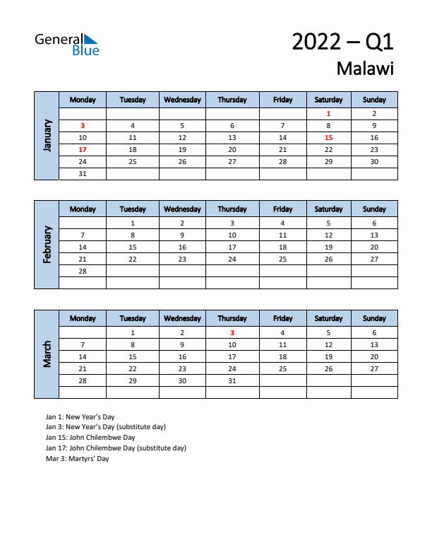 Free Q1 2022 Calendar for Malawi - Monday Start