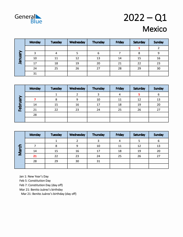 Free Q1 2022 Calendar for Mexico - Monday Start