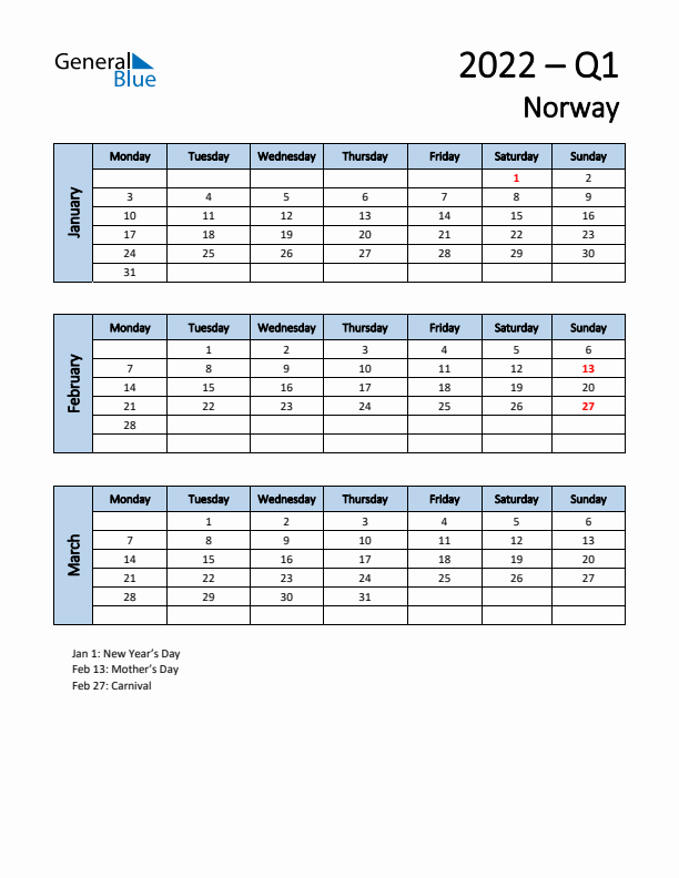Free Q1 2022 Calendar for Norway - Monday Start
