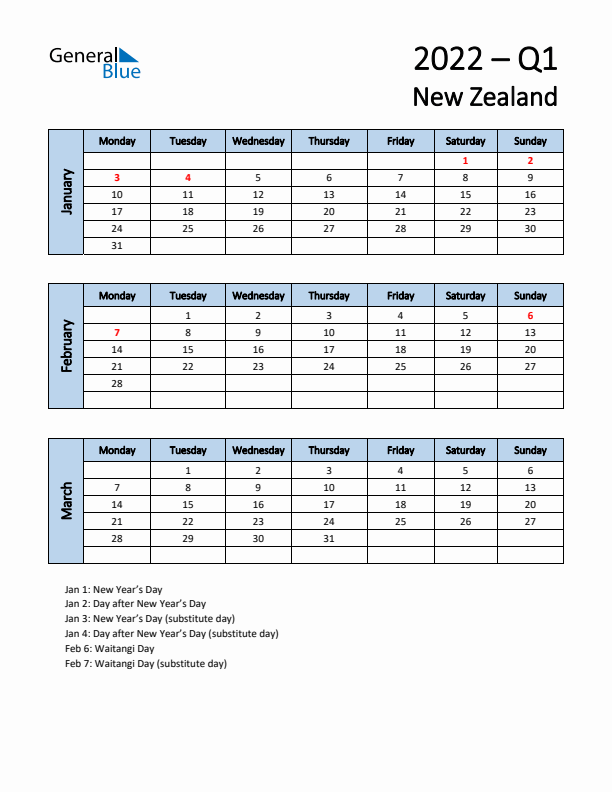 Free Q1 2022 Calendar for New Zealand - Monday Start