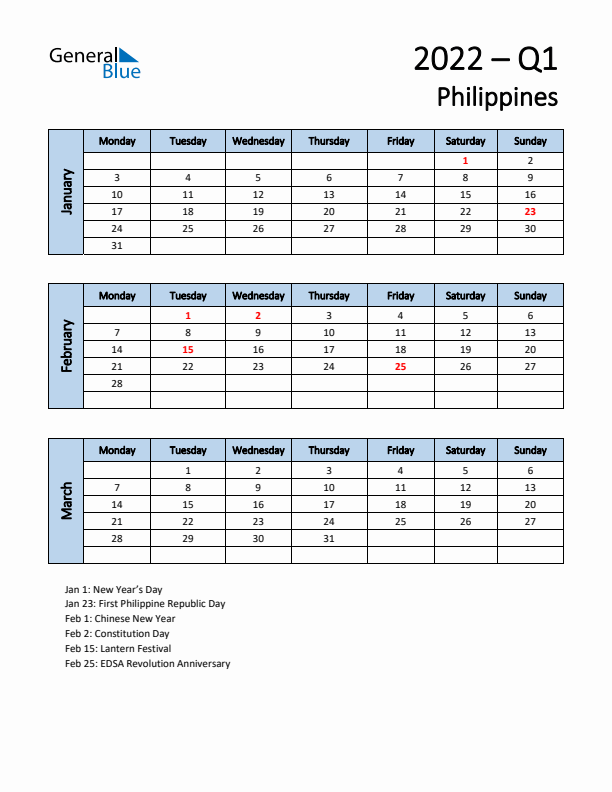 Free Q1 2022 Calendar for Philippines - Monday Start