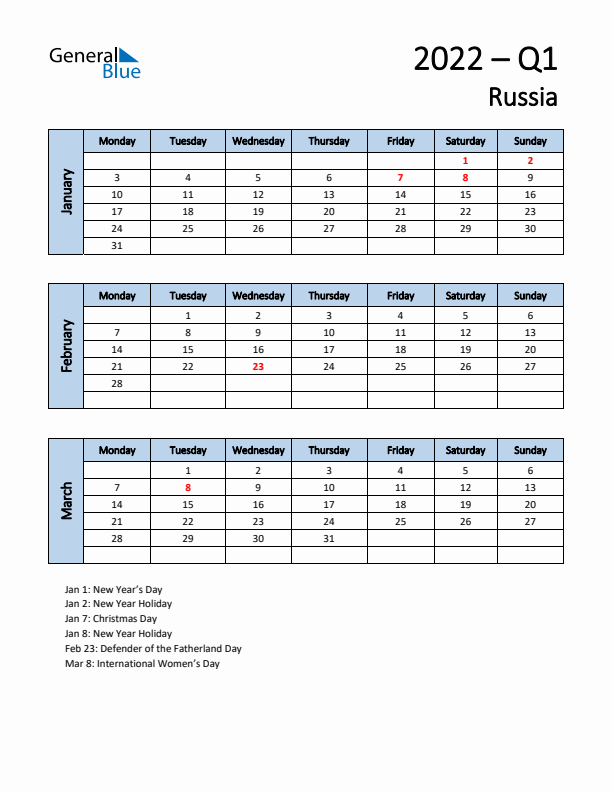 Free Q1 2022 Calendar for Russia - Monday Start