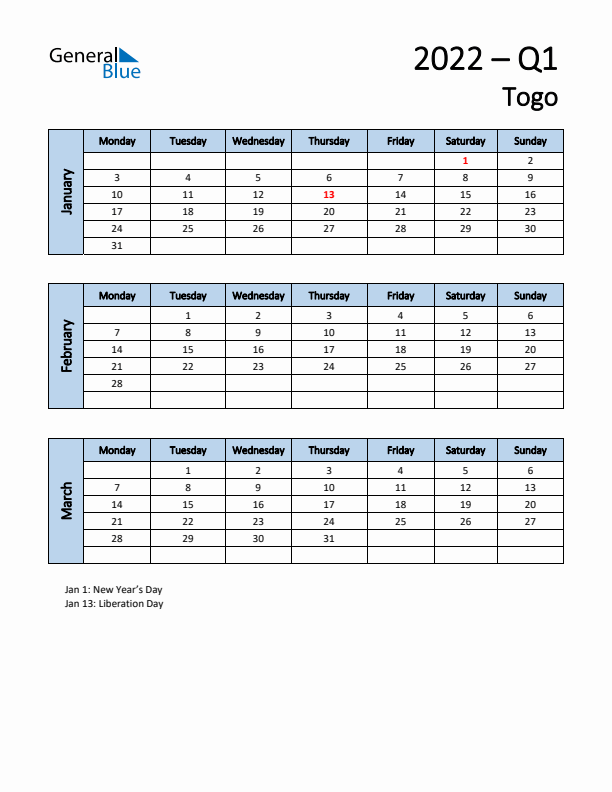 Free Q1 2022 Calendar for Togo - Monday Start