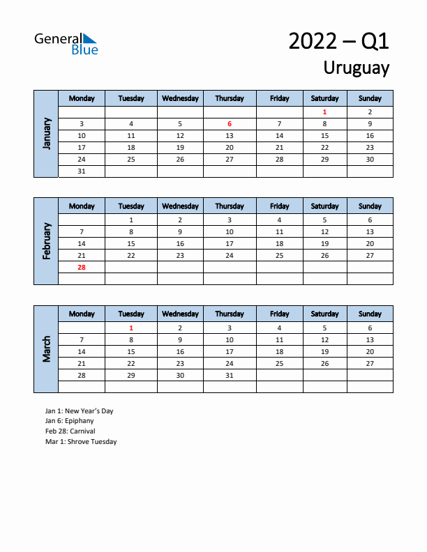 Free Q1 2022 Calendar for Uruguay - Monday Start