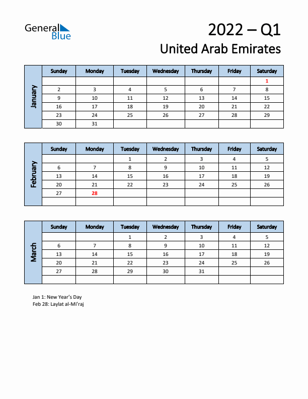 Free Q1 2022 Calendar for United Arab Emirates - Sunday Start