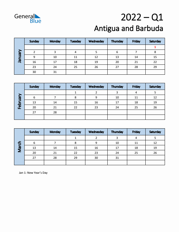 Free Q1 2022 Calendar for Antigua and Barbuda - Sunday Start