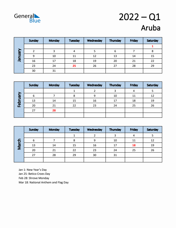 Free Q1 2022 Calendar for Aruba - Sunday Start
