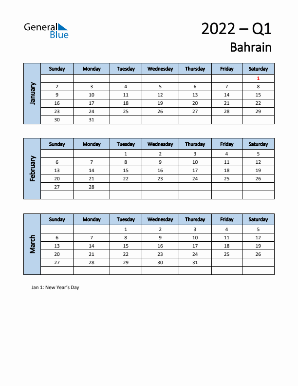 Free Q1 2022 Calendar for Bahrain - Sunday Start