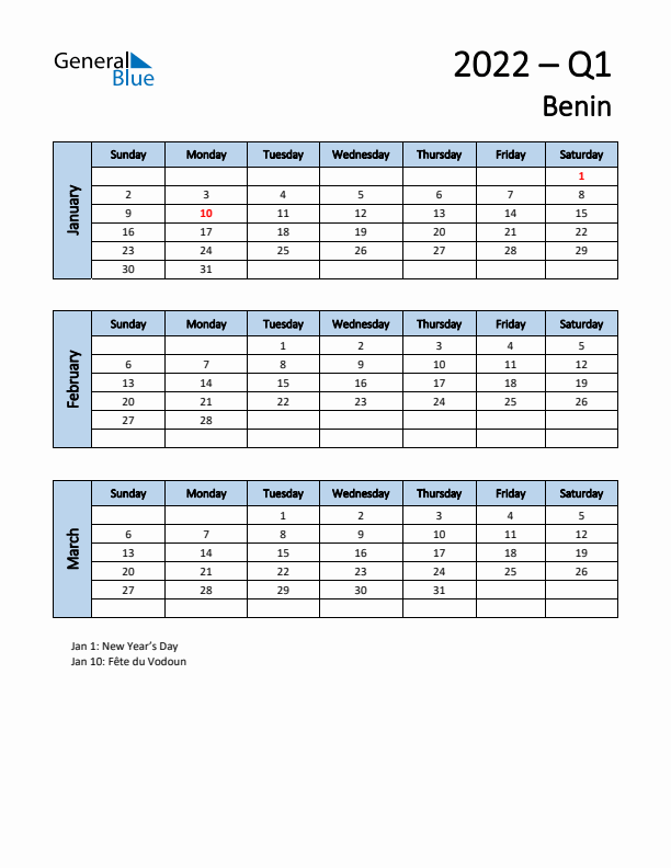 Free Q1 2022 Calendar for Benin - Sunday Start
