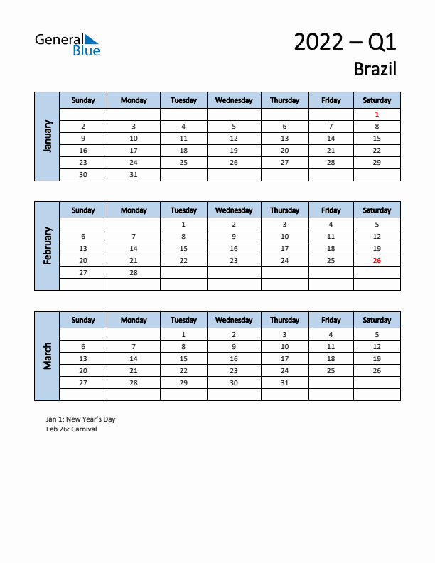 Free Q1 2022 Calendar for Brazil - Sunday Start