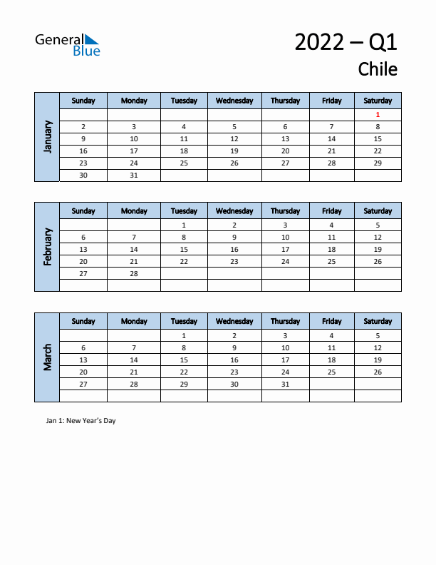 Free Q1 2022 Calendar for Chile - Sunday Start