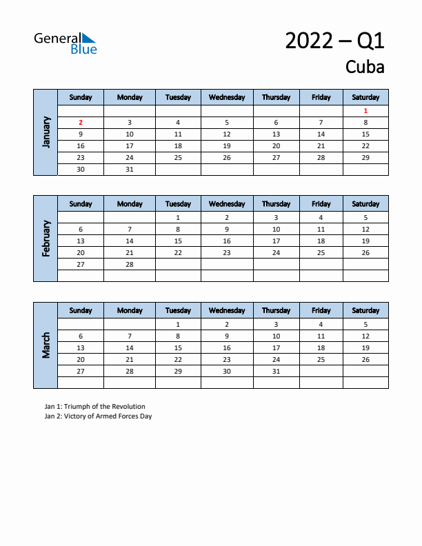 Free Q1 2022 Calendar for Cuba - Sunday Start