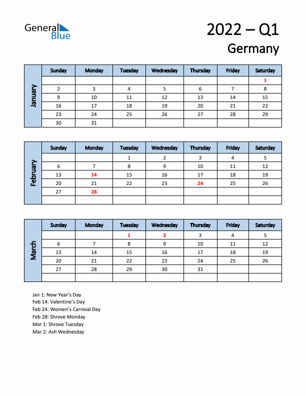 Free Q1 2022 Calendar for Germany - Sunday Start