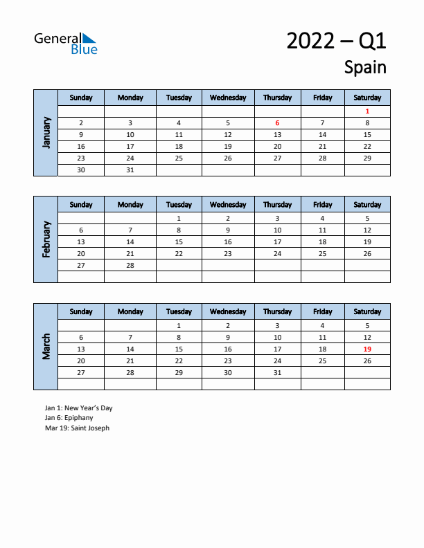 Free Q1 2022 Calendar for Spain - Sunday Start