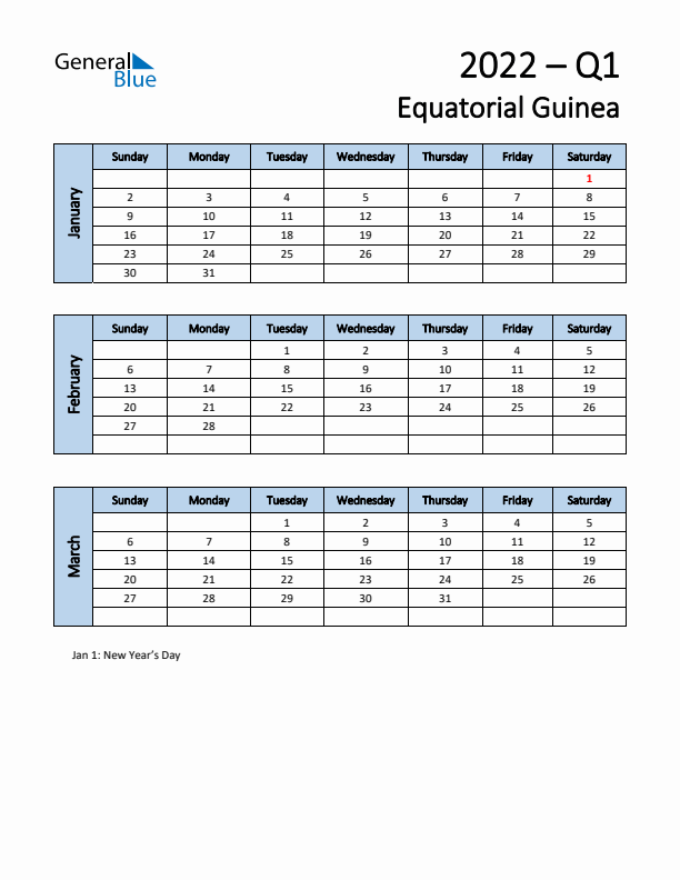 Free Q1 2022 Calendar for Equatorial Guinea - Sunday Start
