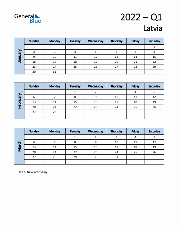 Free Q1 2022 Calendar for Latvia - Sunday Start