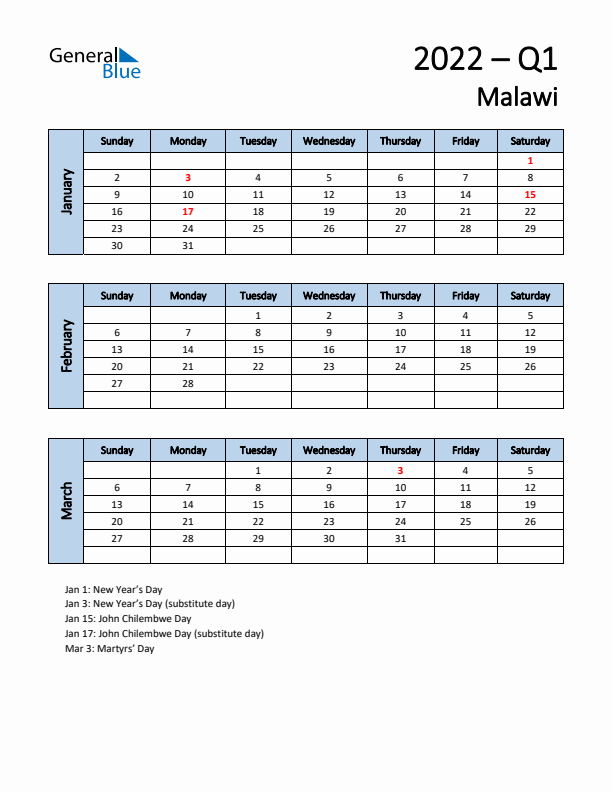 Free Q1 2022 Calendar for Malawi - Sunday Start