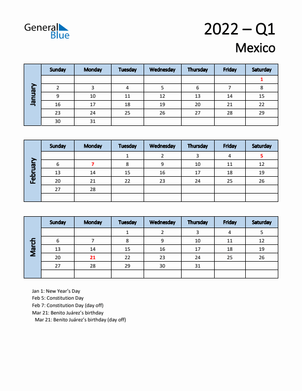 Free Q1 2022 Calendar for Mexico - Sunday Start