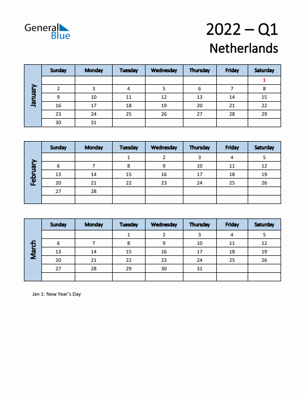 Free Q1 2022 Calendar for The Netherlands - Sunday Start