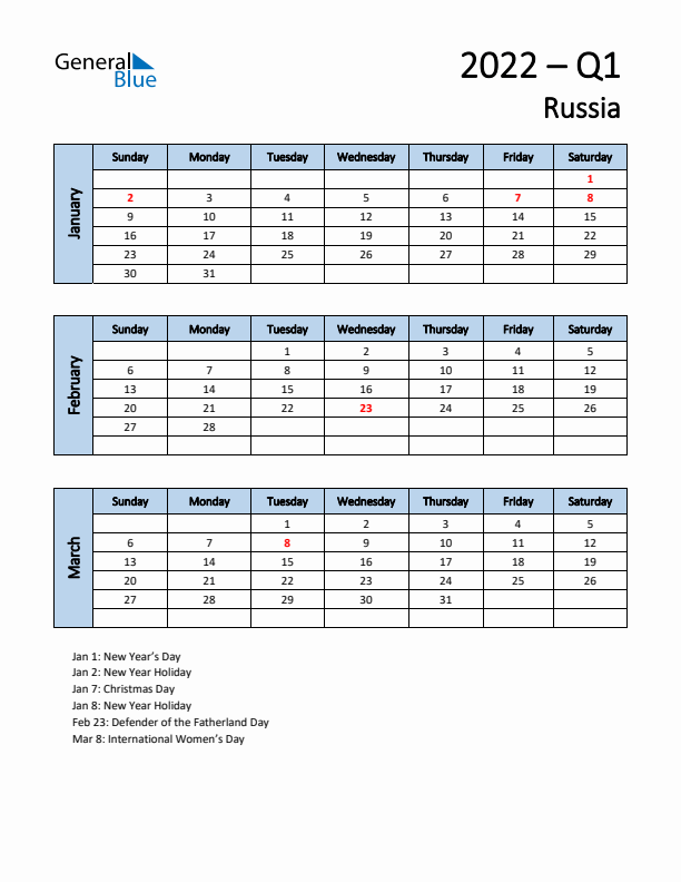 Free Q1 2022 Calendar for Russia - Sunday Start