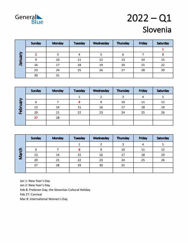 Free Q1 2022 Calendar for Slovenia - Sunday Start