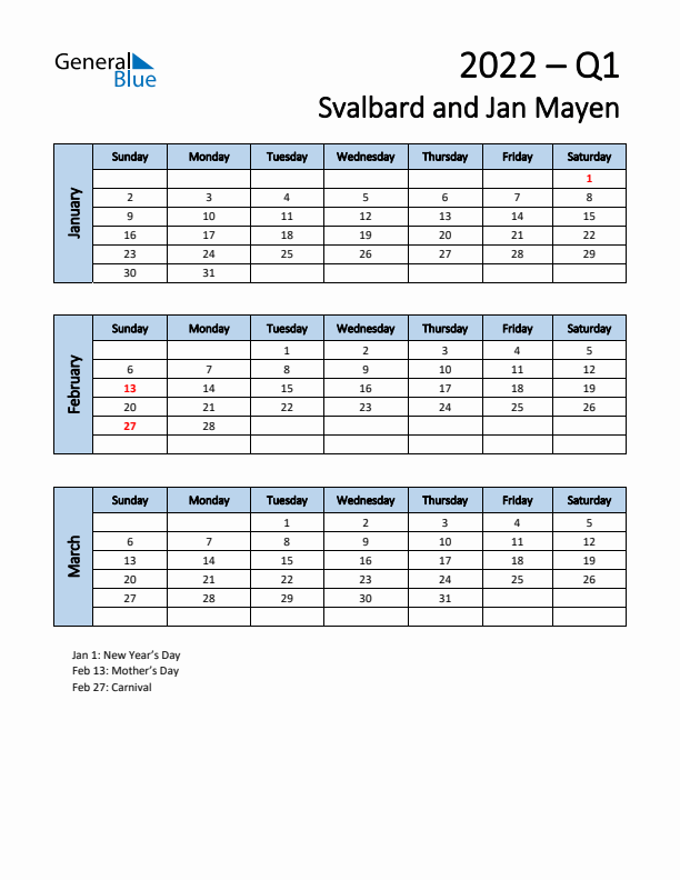 Free Q1 2022 Calendar for Svalbard and Jan Mayen - Sunday Start