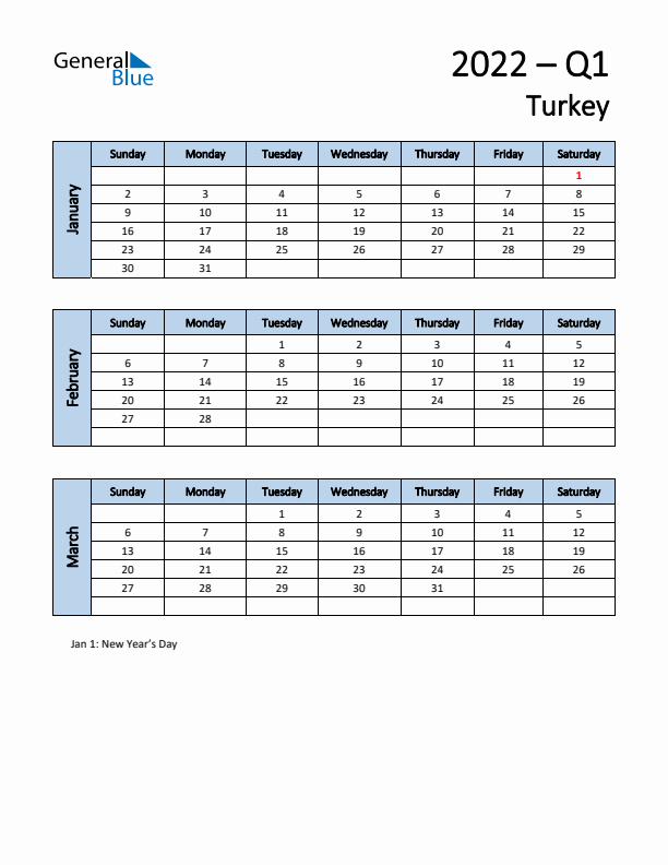 Free Q1 2022 Calendar for Turkey - Sunday Start
