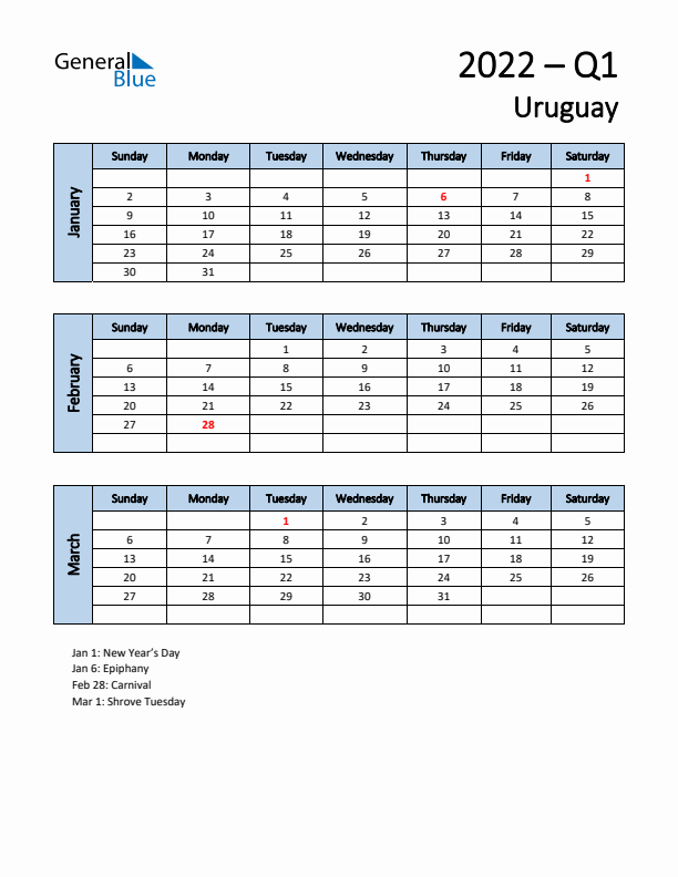 Free Q1 2022 Calendar for Uruguay - Sunday Start