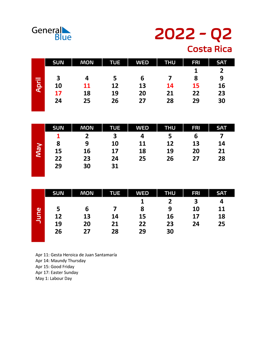  Q2 2022 Calendar with Holidays