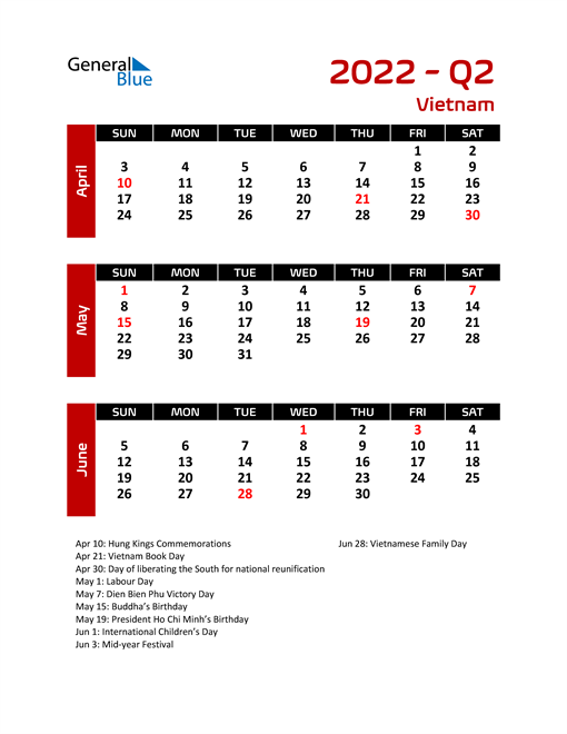  Q2 2022 Calendar with Holidays