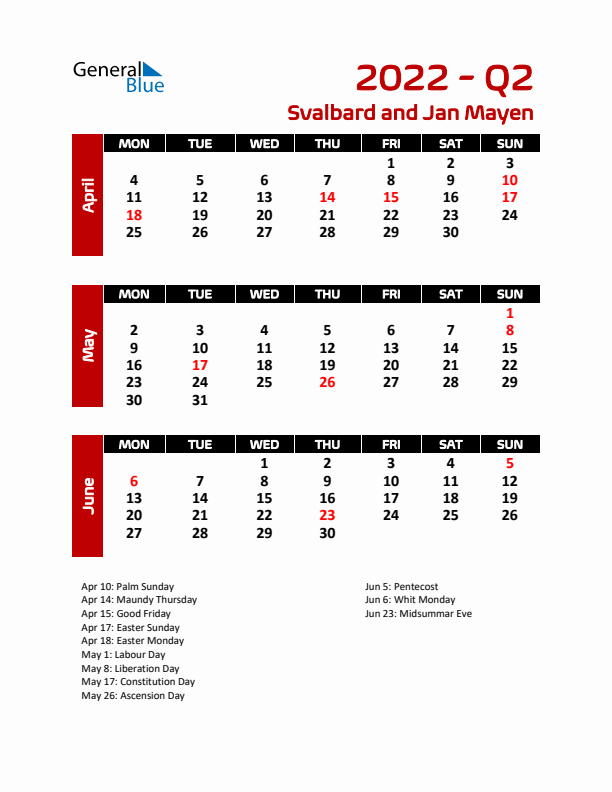Q2 2022 Calendar with Holidays