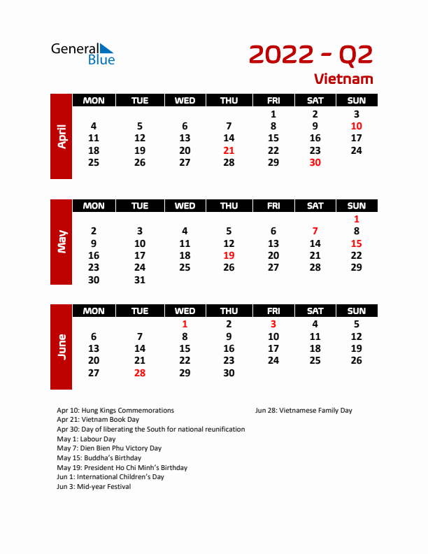 Q2 2022 Calendar with Holidays
