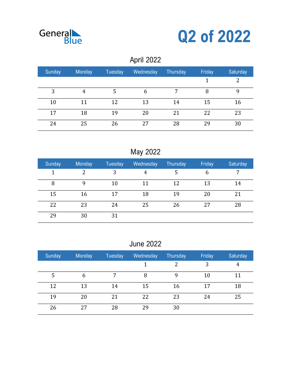 2022 Q2 Three Month Quarterly Calendar