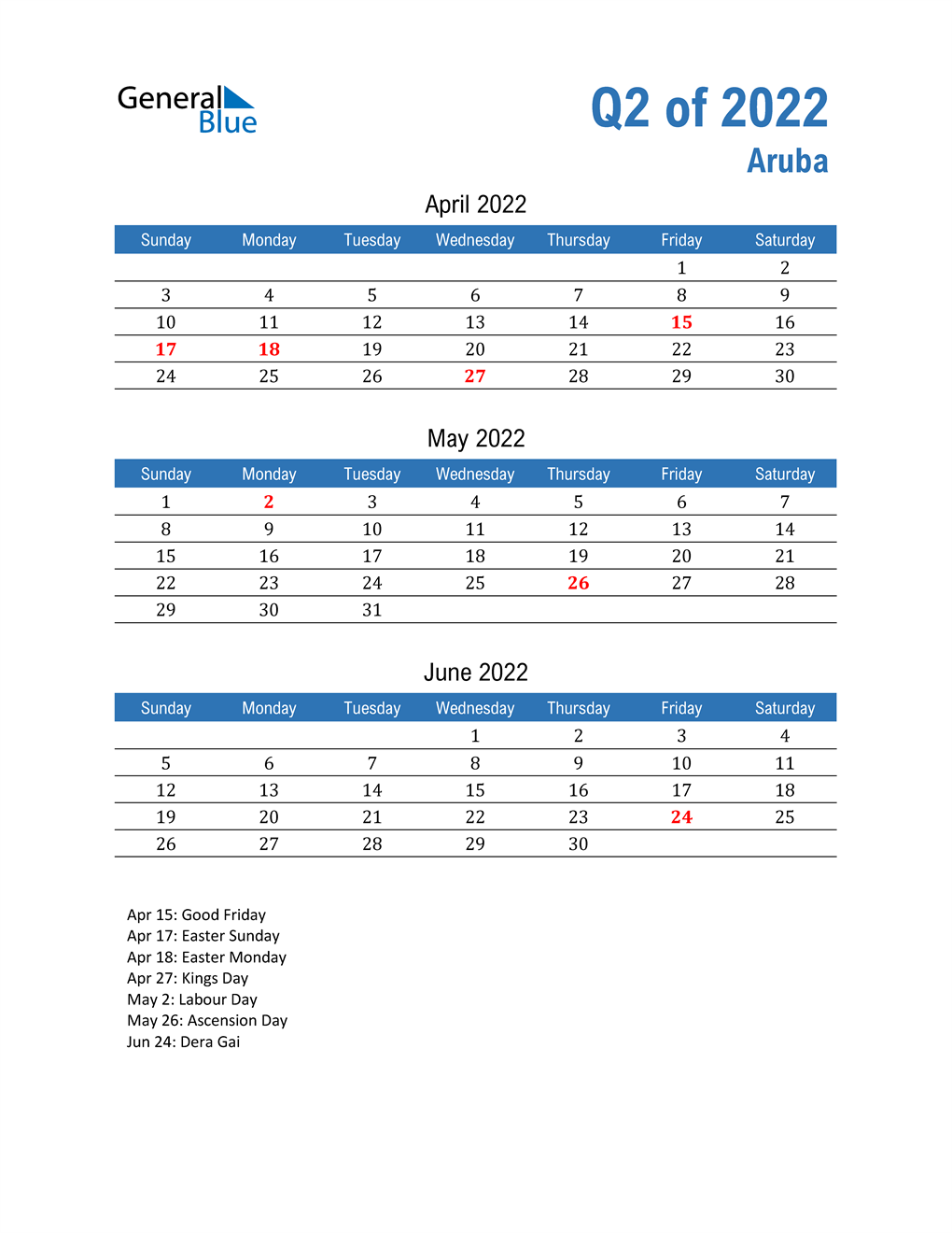  Aruba 2022 Quarterly Calendar 