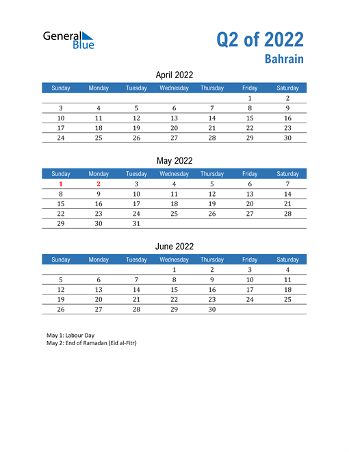  Bahrain 2022 Quarterly Calendar 