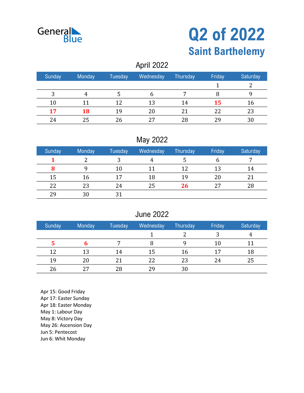  Saint Barthelemy 2022 Quarterly Calendar 