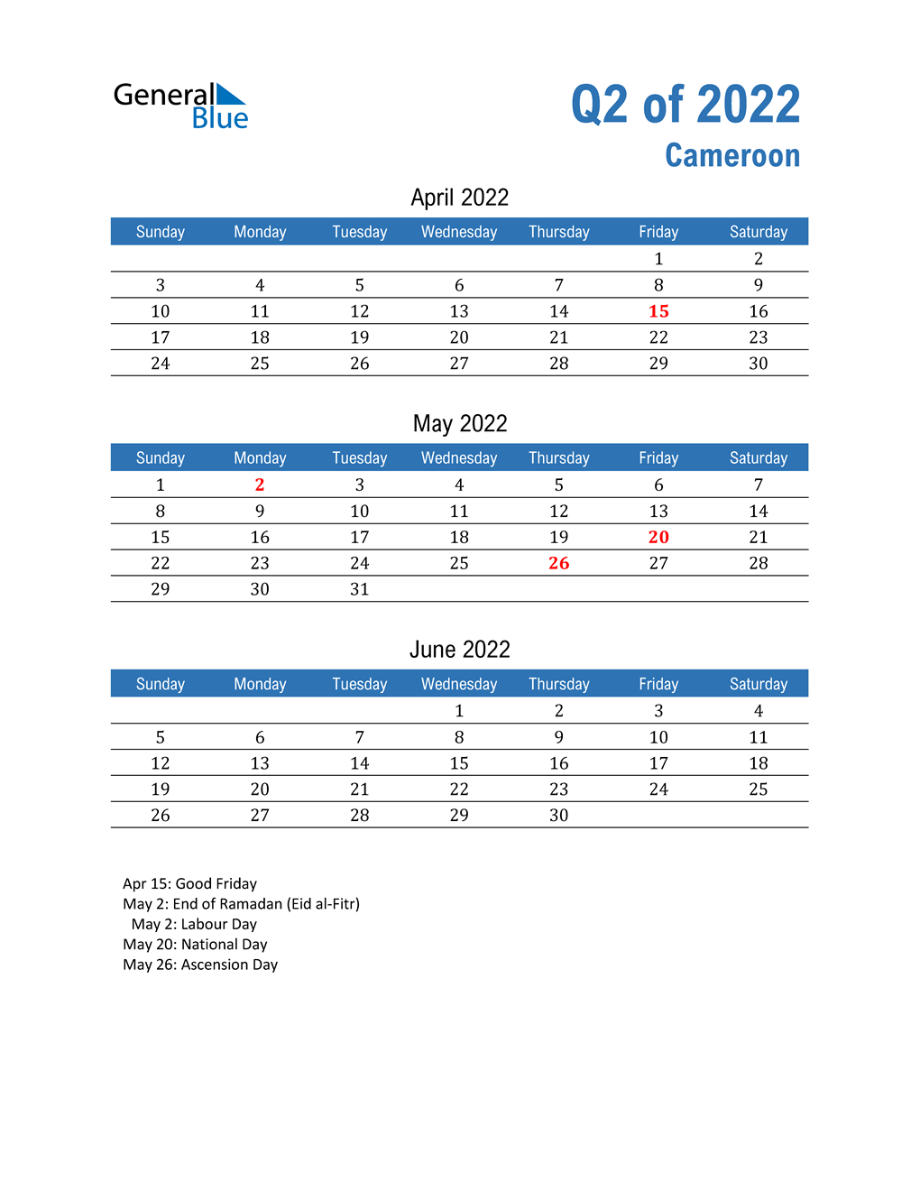  Cameroon 2022 Quarterly Calendar 