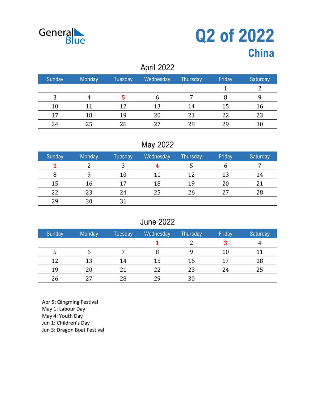 Q2 2022 Quarterly Calendar For China