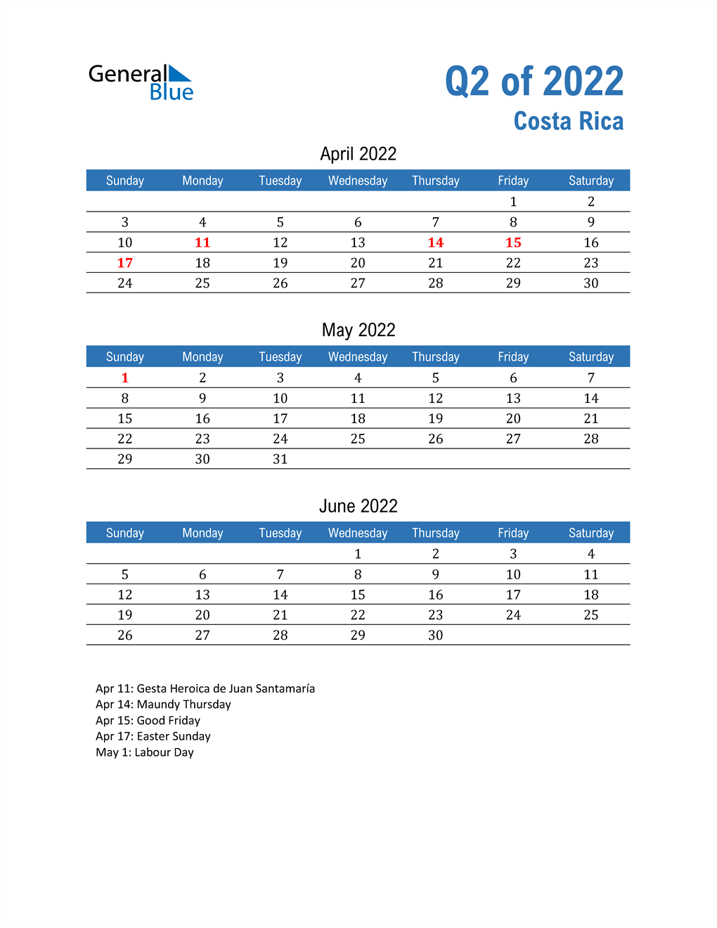  Costa Rica 2022 Quarterly Calendar 