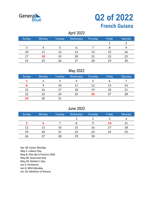  French Guiana 2022 Quarterly Calendar 
