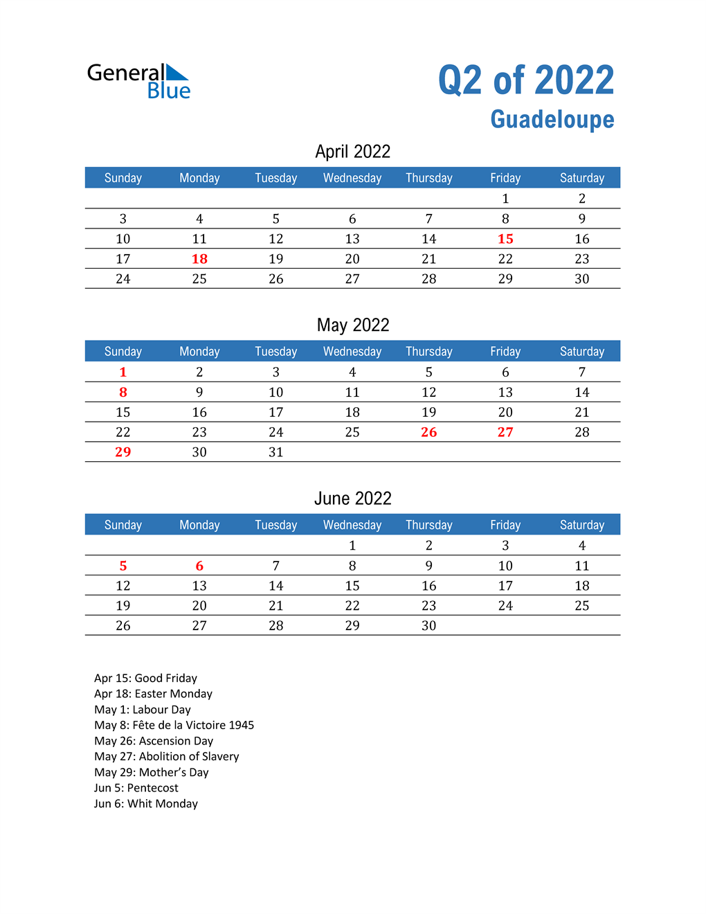 Guadeloupe 2022 Quarterly Calendar 