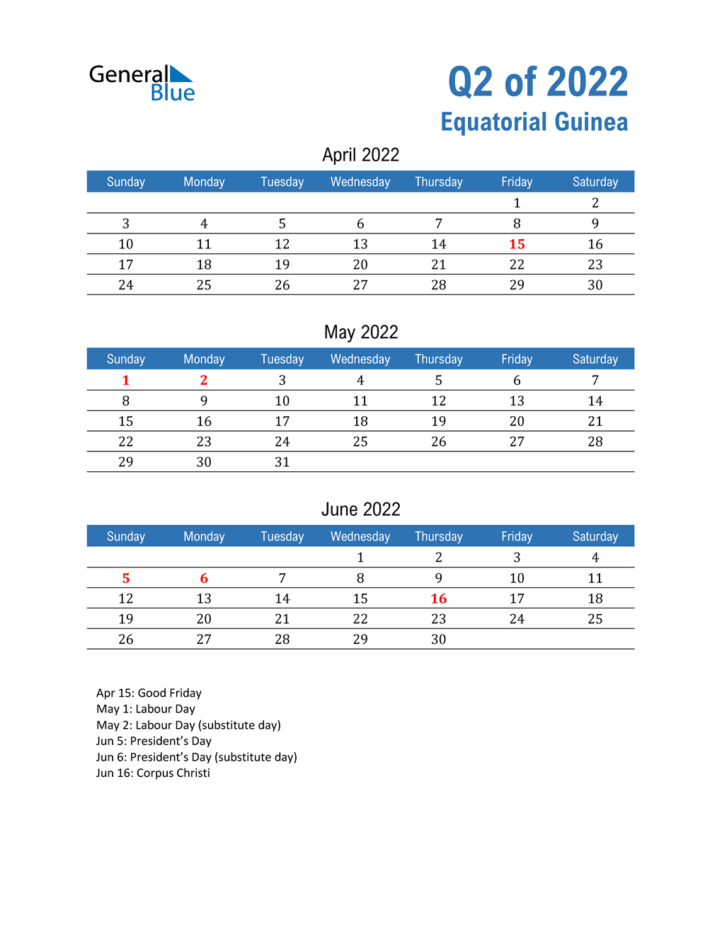  Equatorial Guinea 2022 Quarterly Calendar 