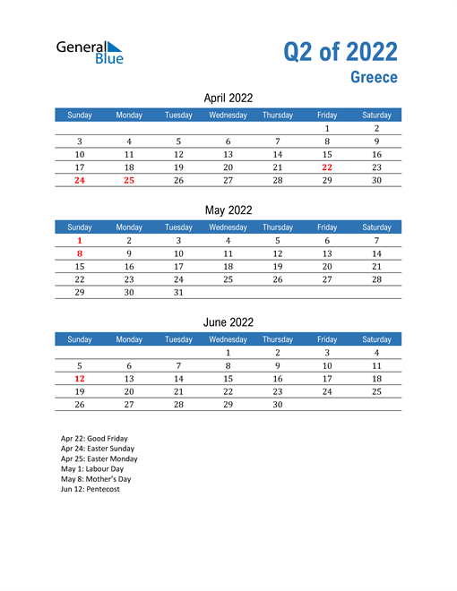  Greece 2022 Quarterly Calendar 