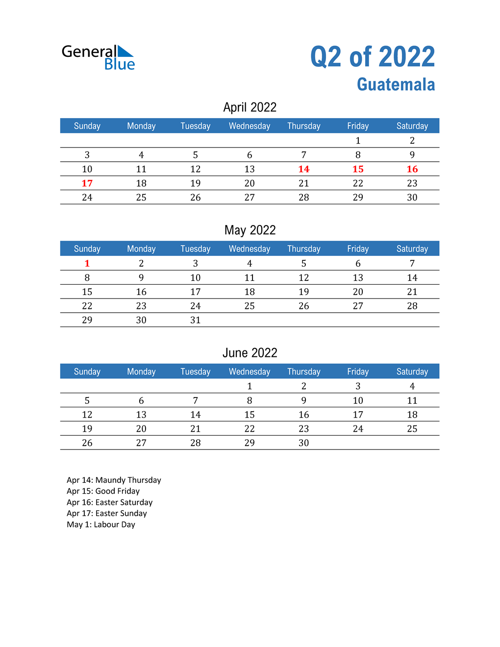 Guatemala 2022 Quarterly Calendar 