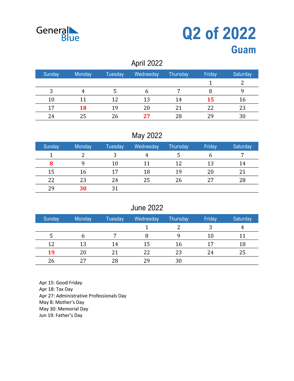  Guam 2022 Quarterly Calendar 