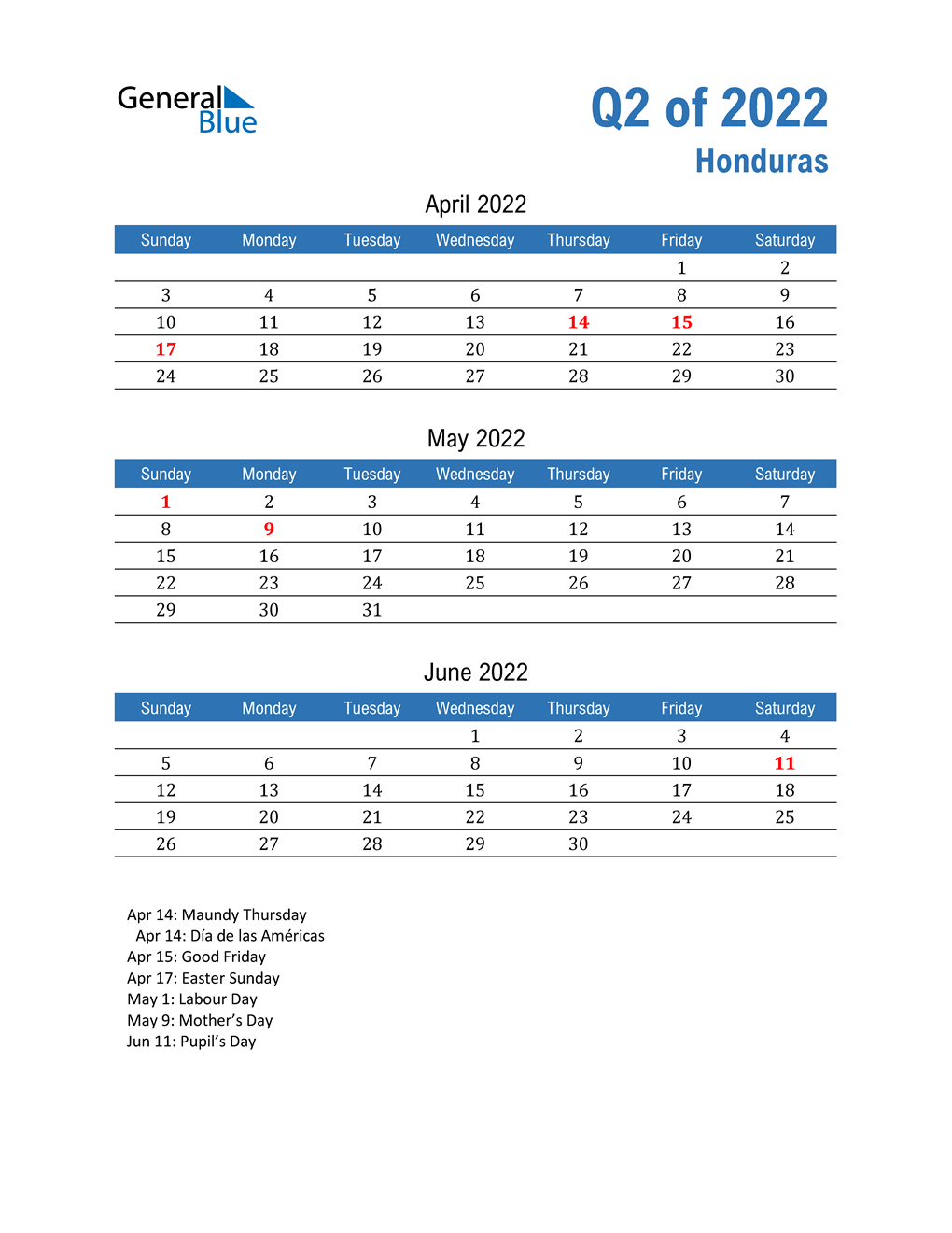  Honduras 2022 Quarterly Calendar 