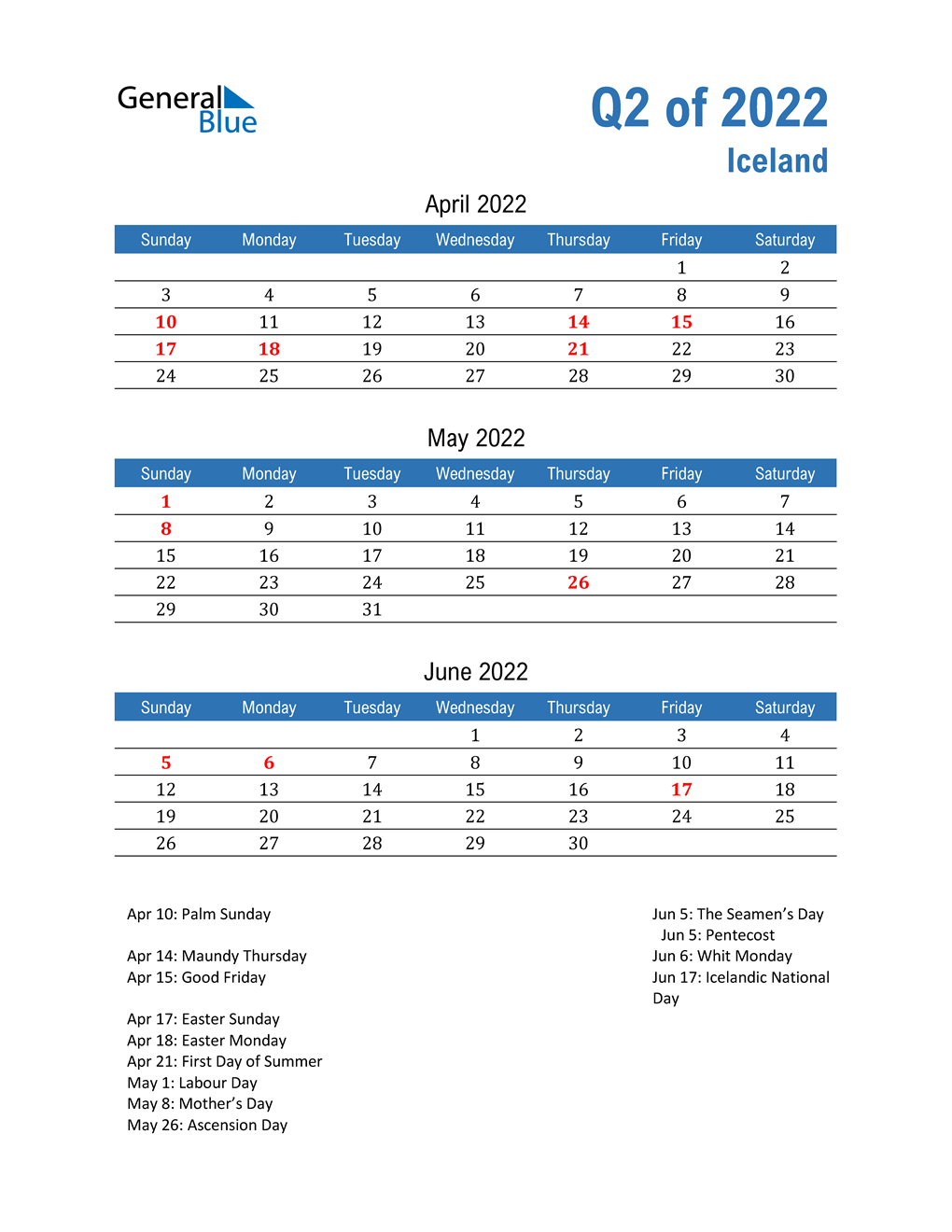  Iceland 2022 Quarterly Calendar 
