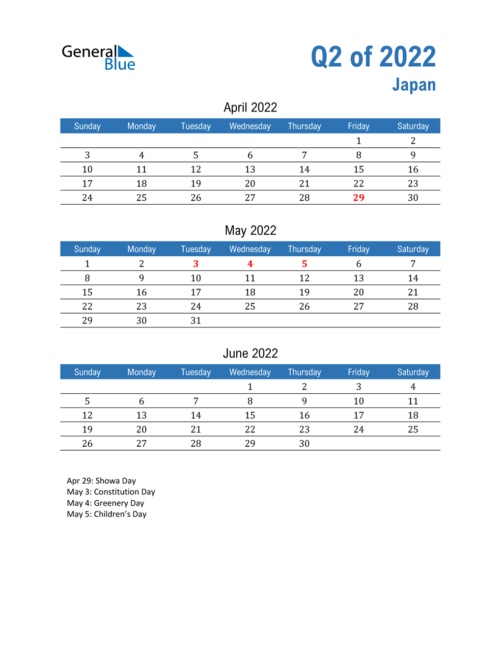  Japan 2022 Quarterly Calendar 