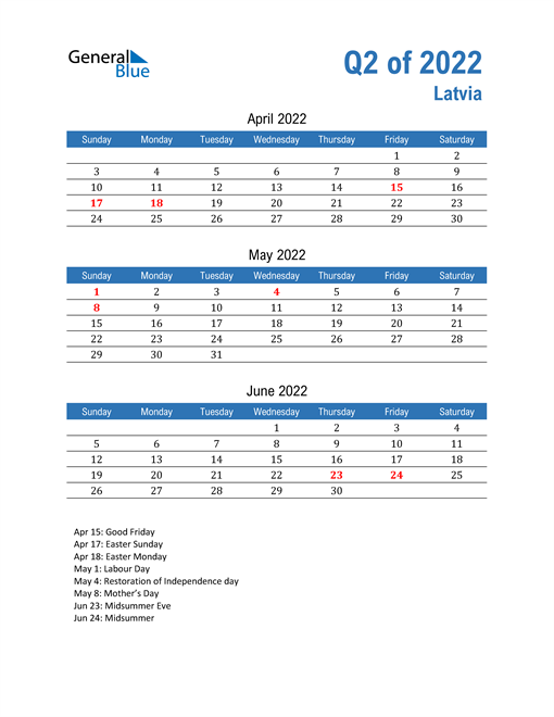  Latvia 2022 Quarterly Calendar 